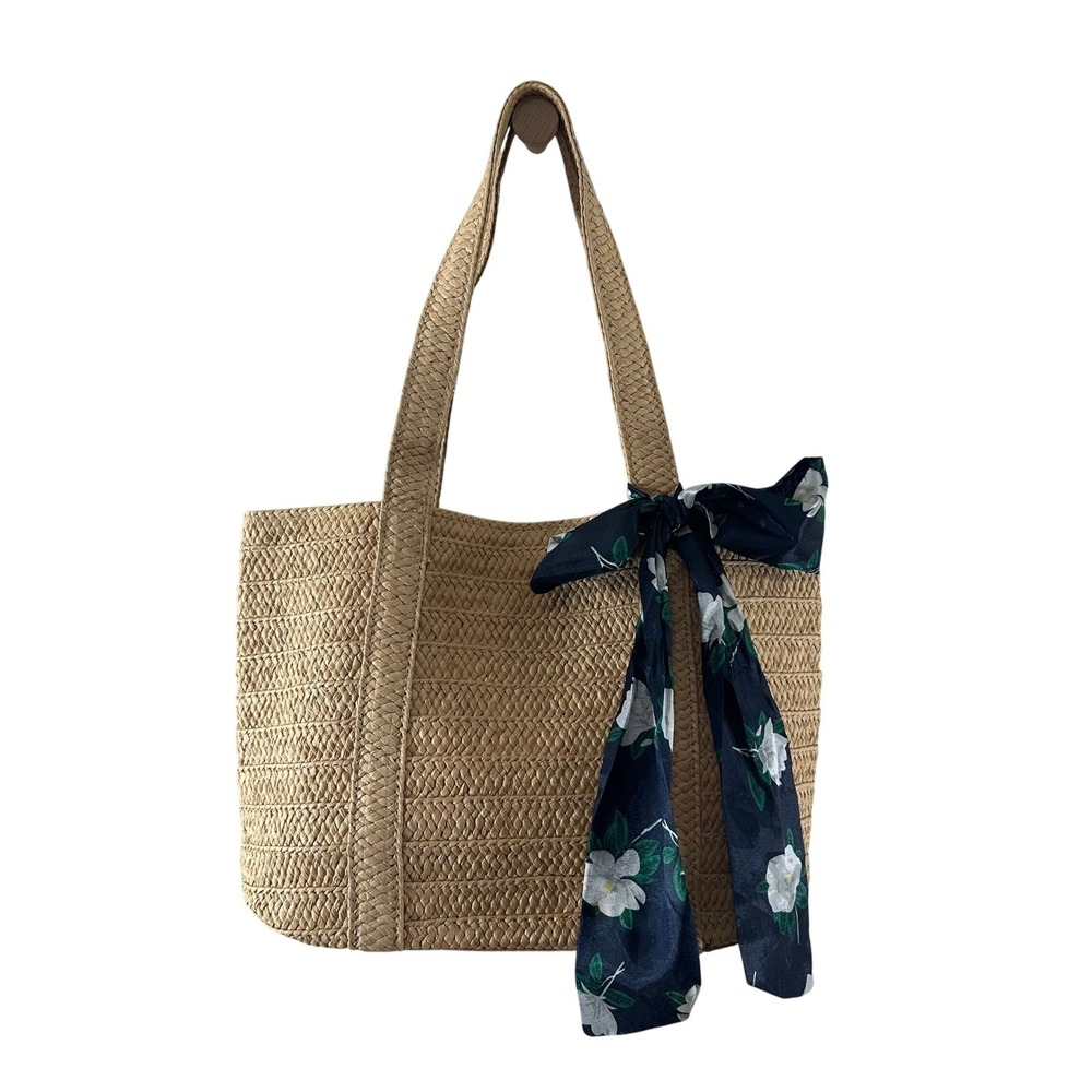 Draper James Tan Straw Tote Bag Navy Magnolia Floral Scarf Accent Summer Shopper